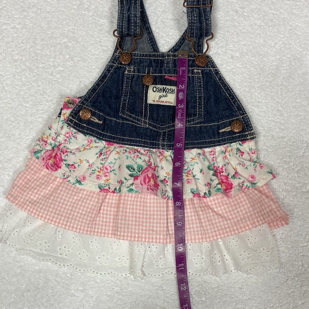 OshKosh B'Gosh Denim Overalls Dress  Tiered VestBack Flowers Gingham Pink 9m - Picture 4 of 7